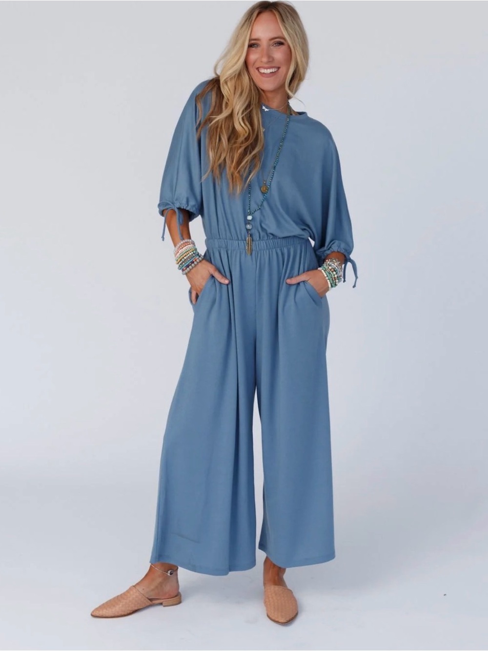 Three Bird Nest Dusty Blue Wide-Leg Jumpsuit
